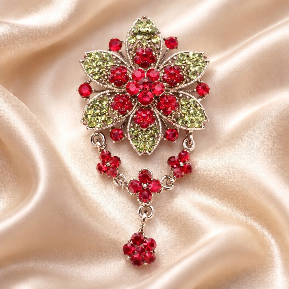 Vintage Pendant Slide‎ For Necklace Red & Green Rhinestones Silvertone